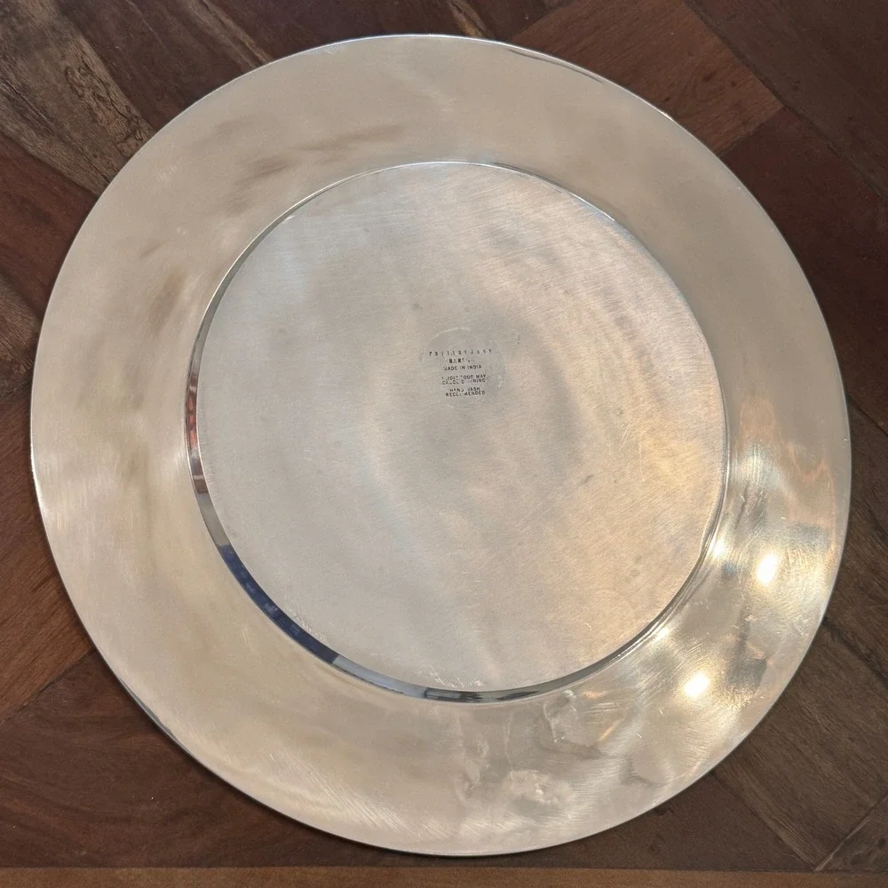 Pottery Barn Silver Tone Metal Charger Plate with Mosaic Shell Inlay Rim 13
